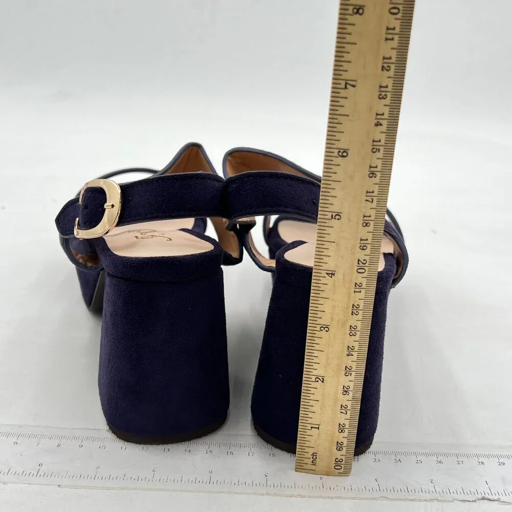 FOWT Navy Open Toe Platfrom Sandals Chunky Heel Slingbacks Buckle Wide Band Shoe - Picture 5 of 8